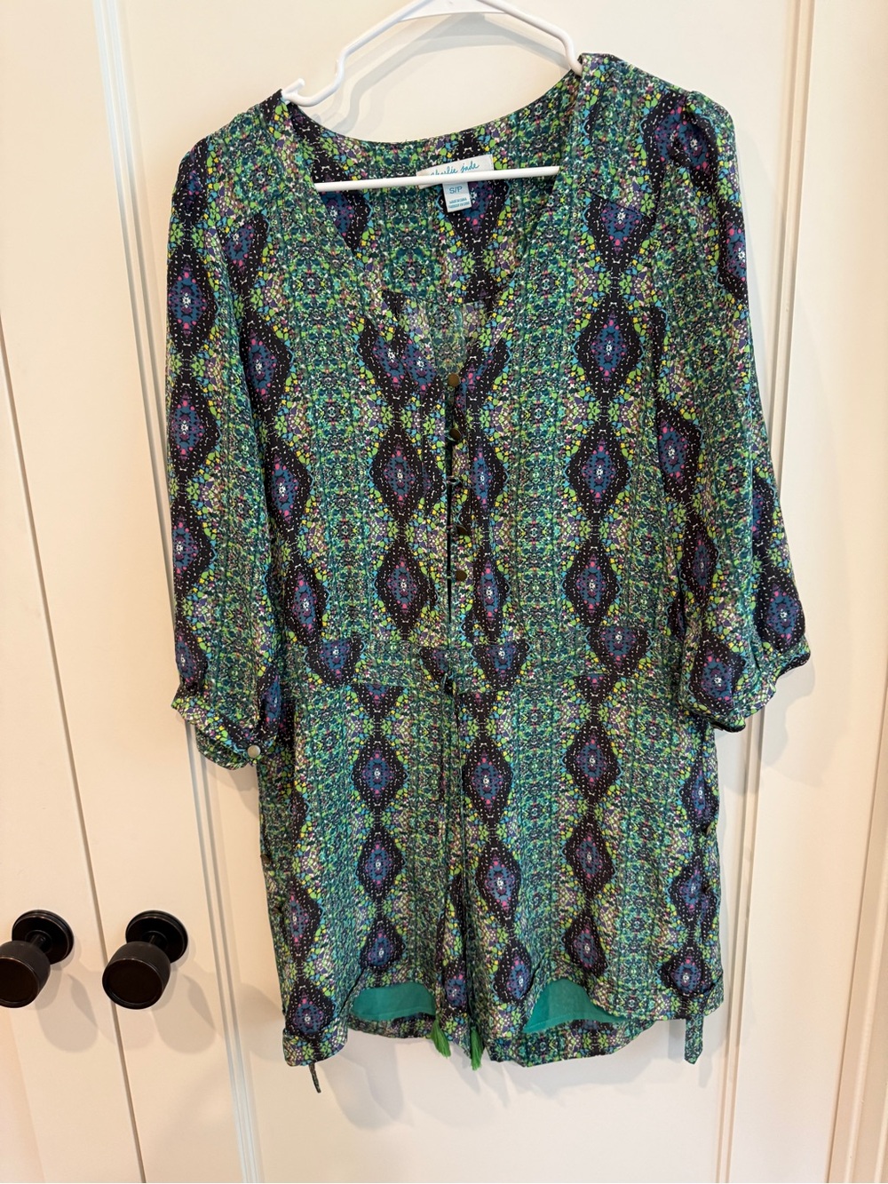 Green Patterned V-Neck Women's Romper